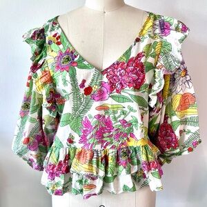 Vibrant Floral Ruffle Sleeve Blouse